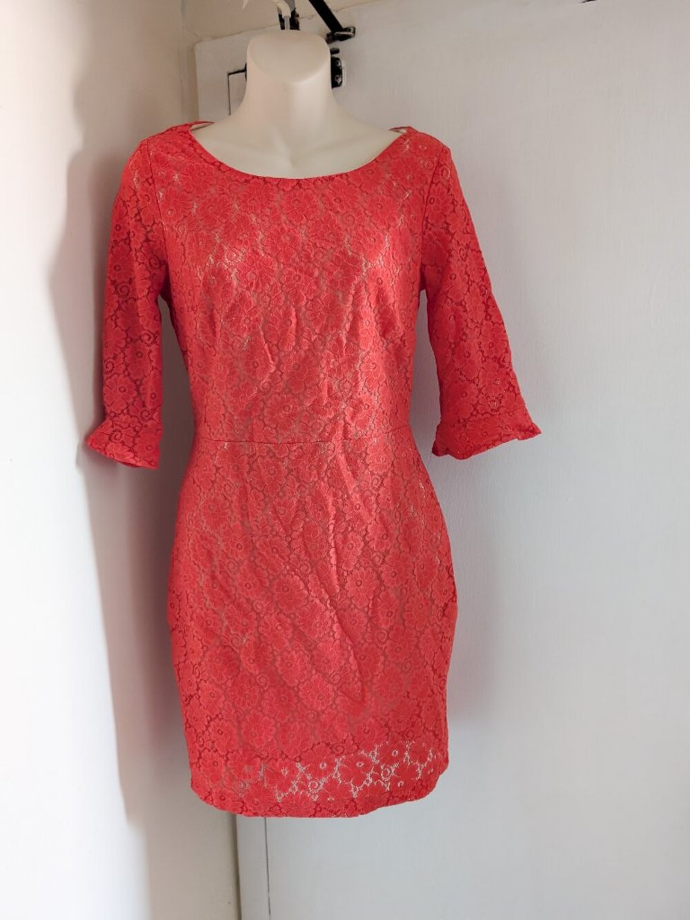 Topshop Coral Lace Sheath Dress, Open Back, Cocktail Party Dress (US 6)